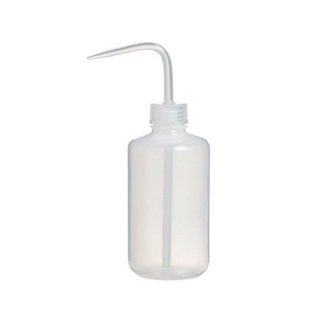 Bottle with L-shaped dispenser.